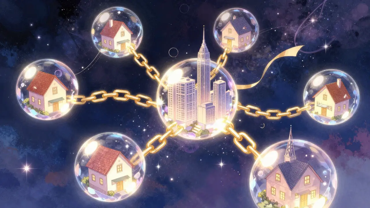 Manga style glowing blockchain chain connecting floating houses