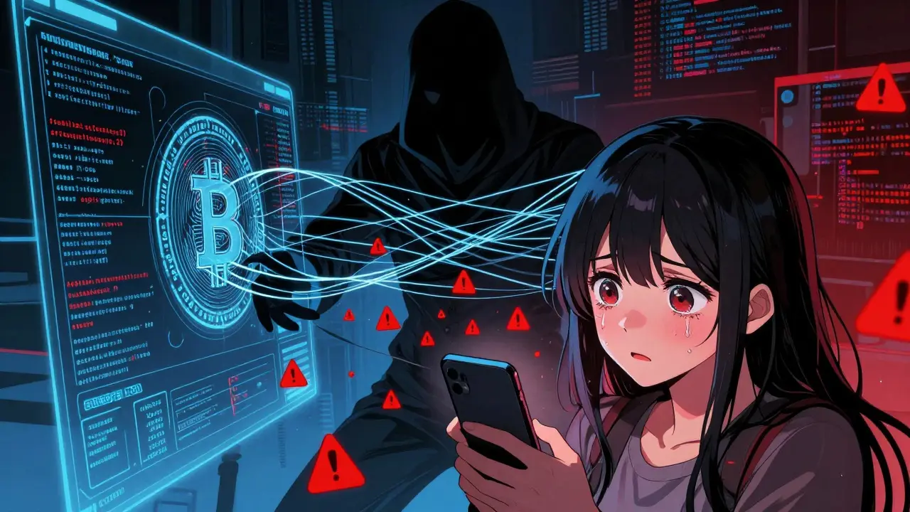 Manga style scene of a woman crying over a hacked crypto exchange app