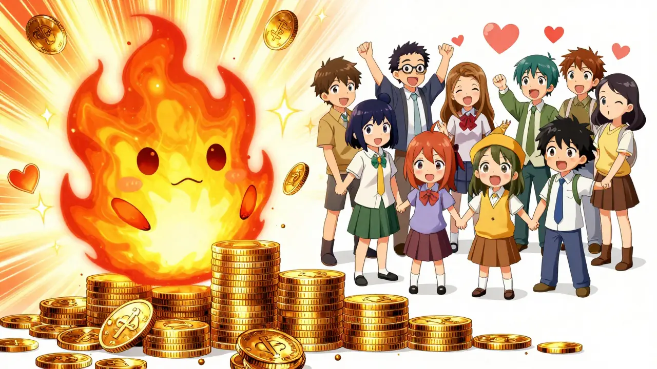 Manga style scene showing tokens burning to create scarcity and value