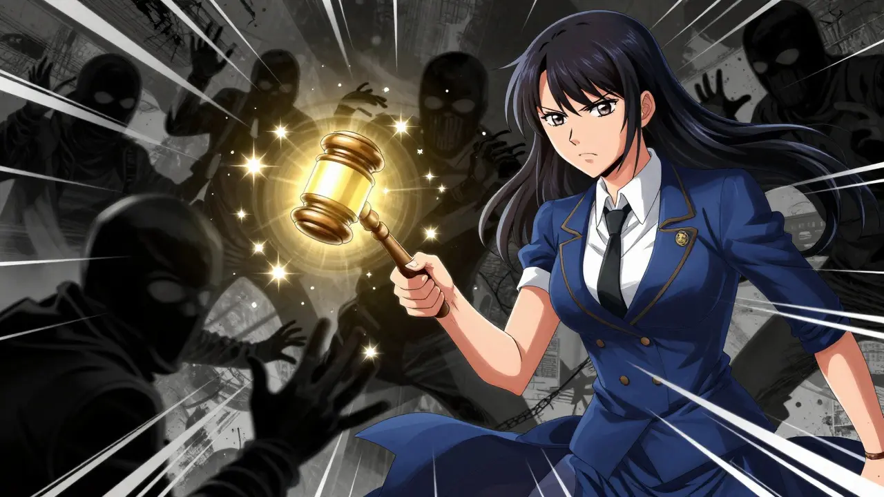 Manga style SEC official using magic gavel to stop crypto scammers