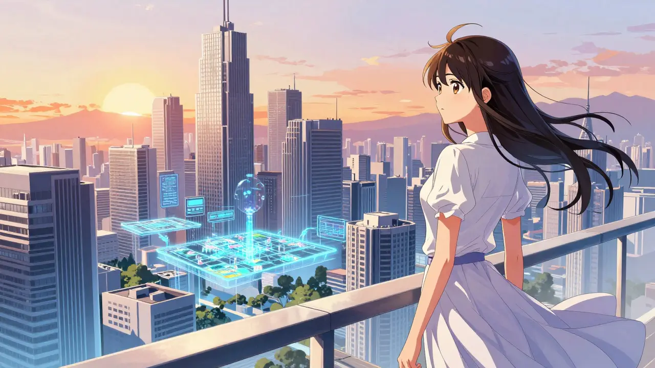 Shoujo anime view of city blending real estate with digital data