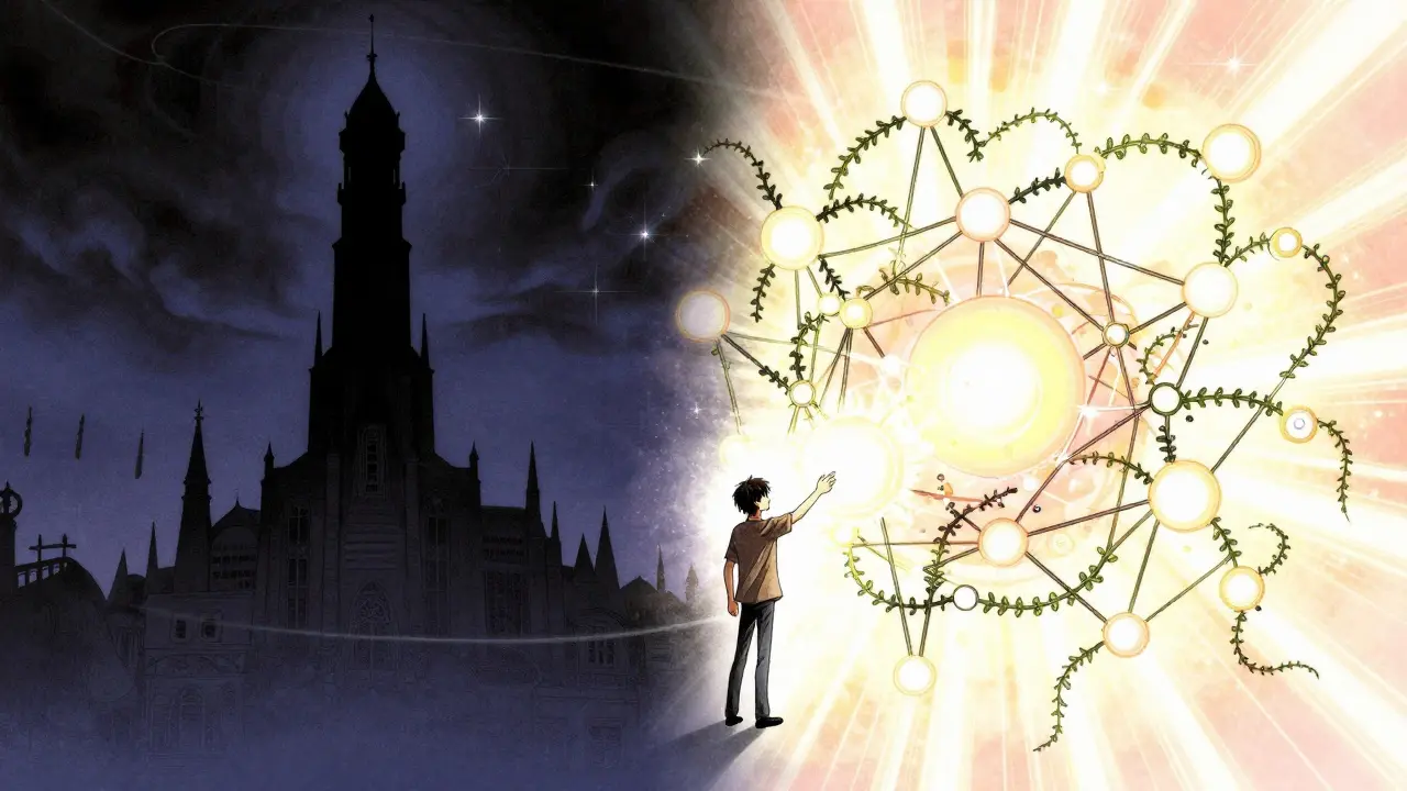 Shoujo art comparing centralized servers to decentralized networks