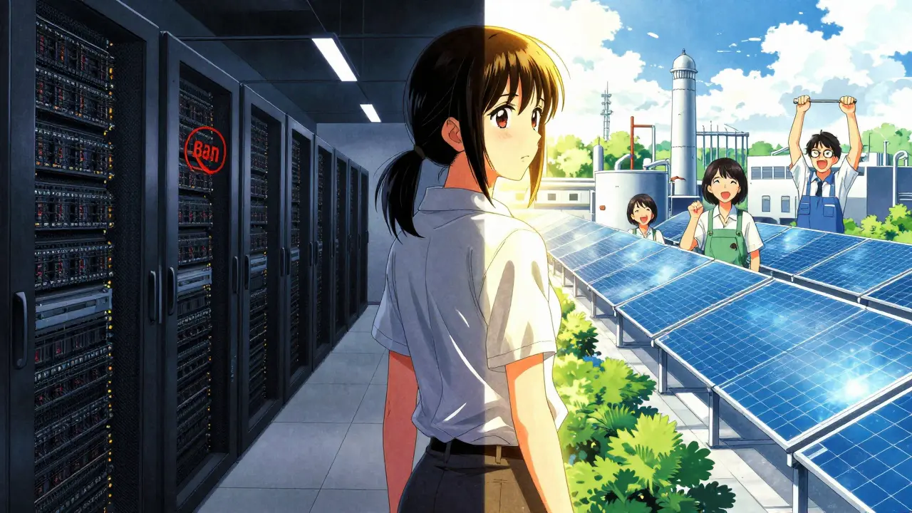 Shoujo art contrasting banned miners with thriving local industries