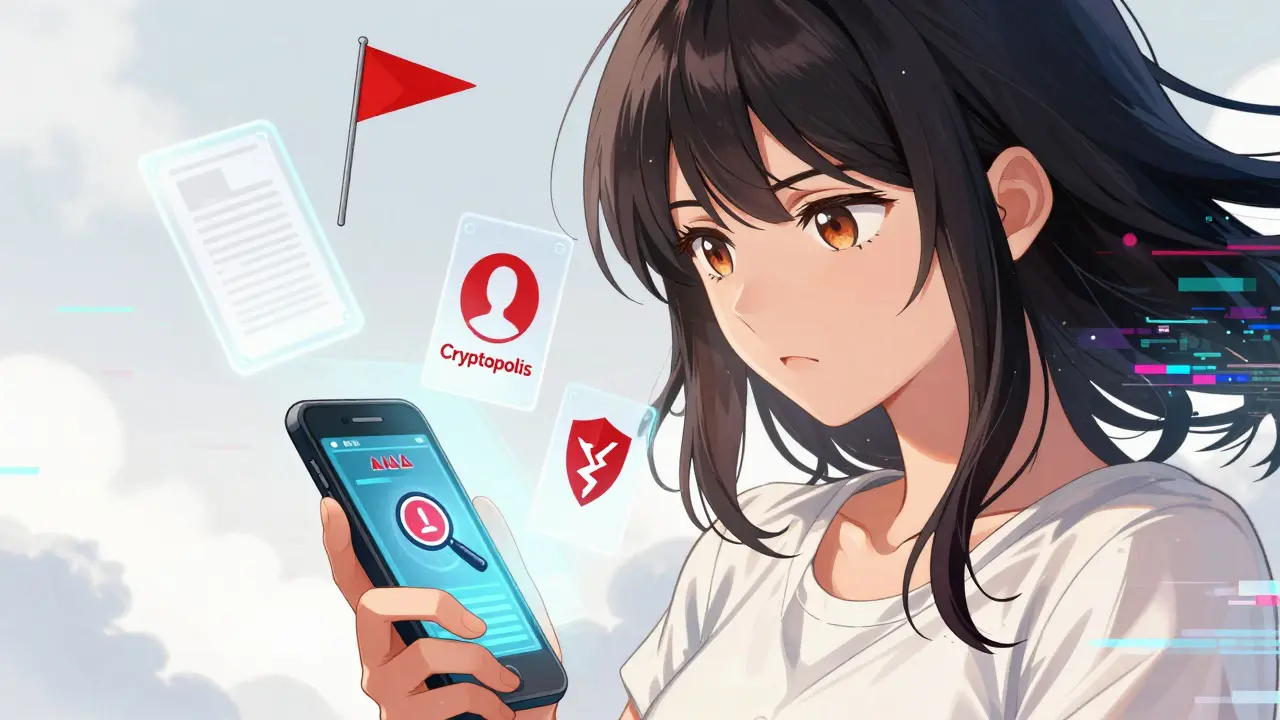 Shoujo character analyzing red flags on a crypto investment app.