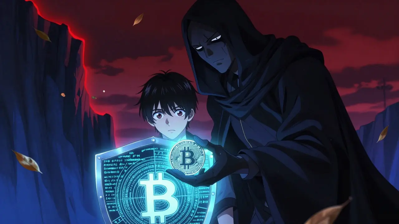 Shoujo heroine defending against a shady crypto scammer figure