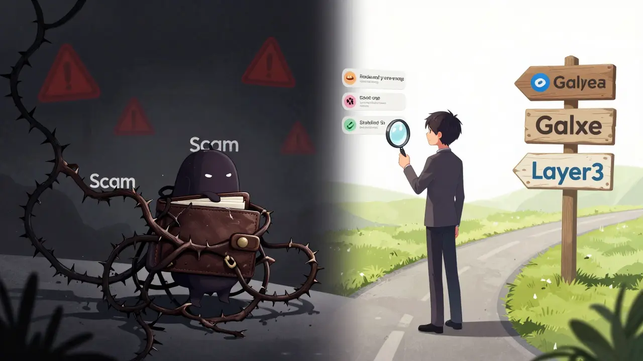 Shoujo manga character choosing a safe path over a dangerous scam at a crossroads.