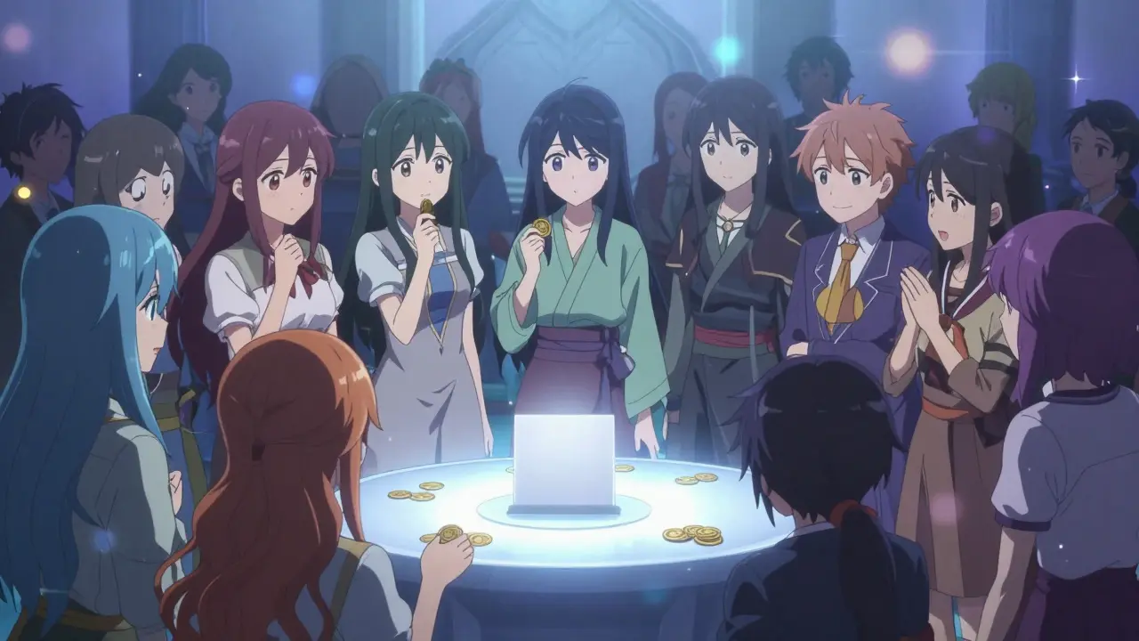 Shoujo style illustration of token holders voting democratically