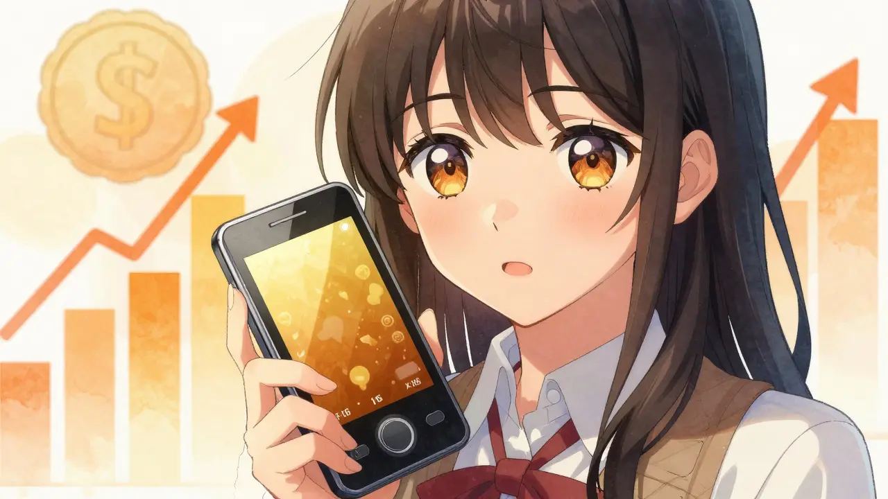 Shoujo style investor holding a glowing digital wallet device.