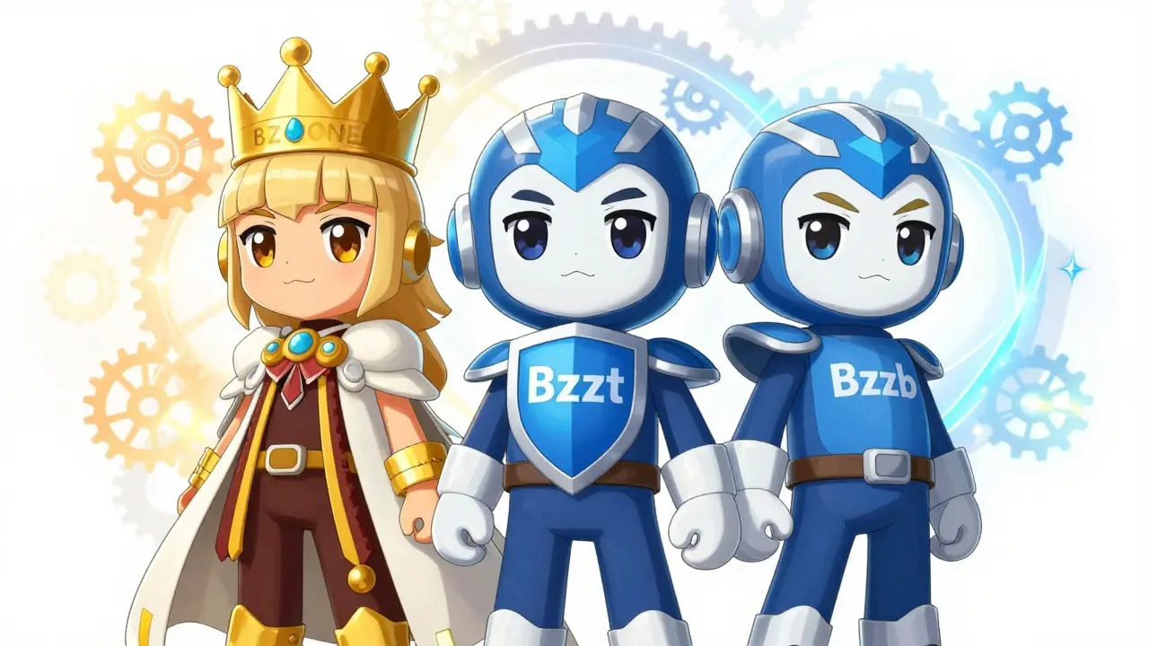 Three token characters BZZONE, Bzzt, and Bzzb linked in a gear mechanism