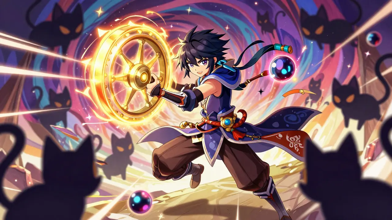 Warrior Xun fighting shadow cats with magic
