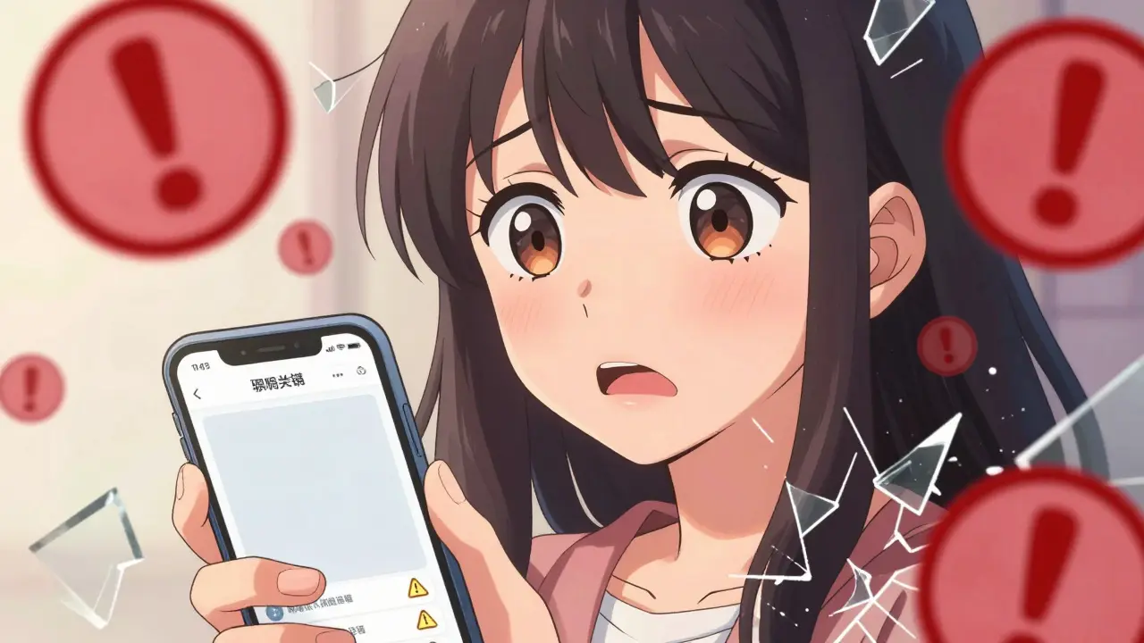 Woman shocked by phone screen showing scam warnings