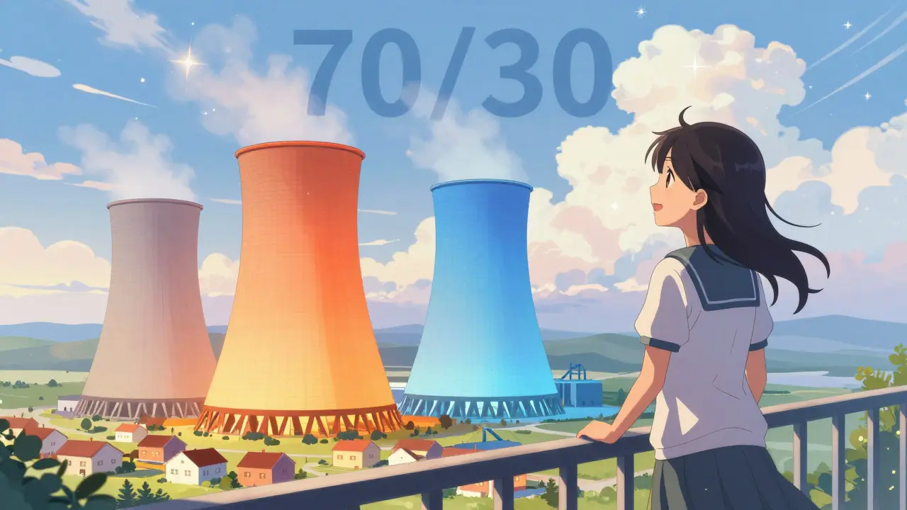 Anime character viewing new power plant balancing home and mining energy