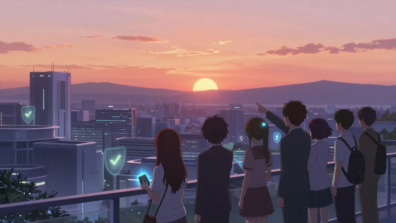 Anime characters on a balcony overlooking a futuristic city, holding a glowing security device.
