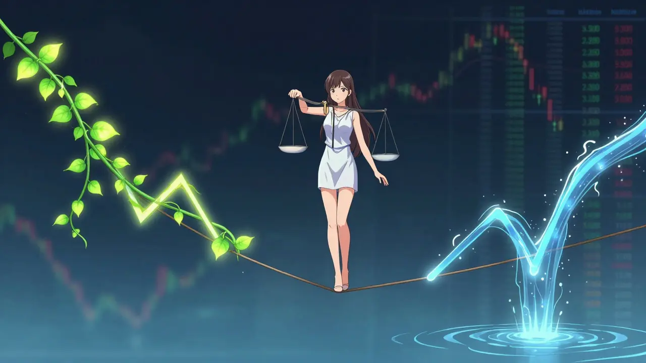 Anime girl balancing spot crypto gains and futures shorts on a tightrope, symbolizing delta neutrality.