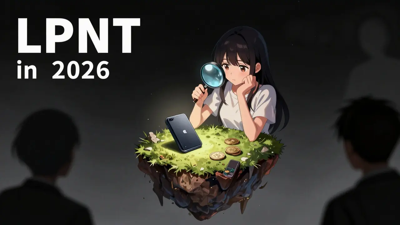 Anime girl examining a dormant crypto wallet on an isolated island in a void.