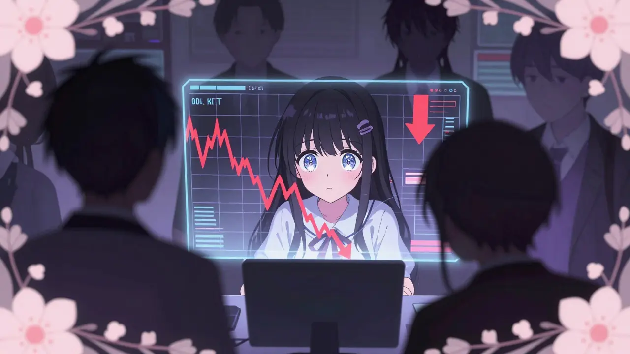 Anime girl looking at volatile crypto charts with mysterious shadows