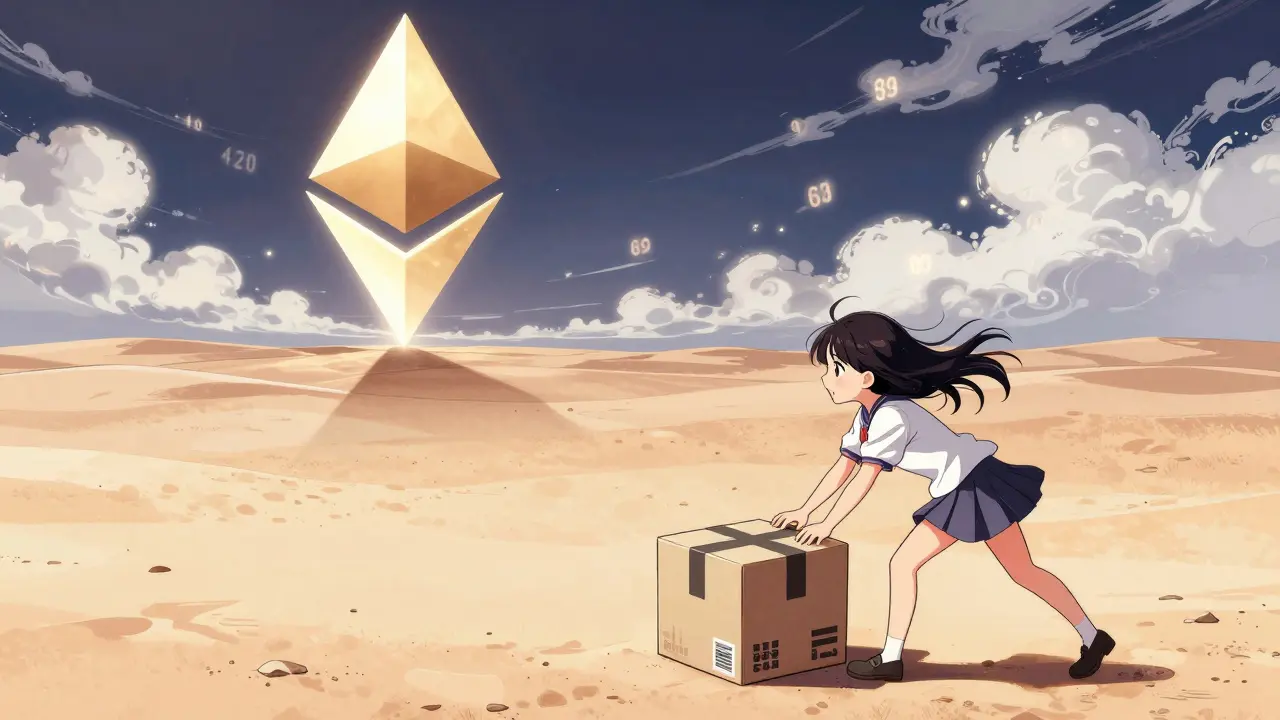 Anime girl struggling with heavy box near giant Ethereum logo