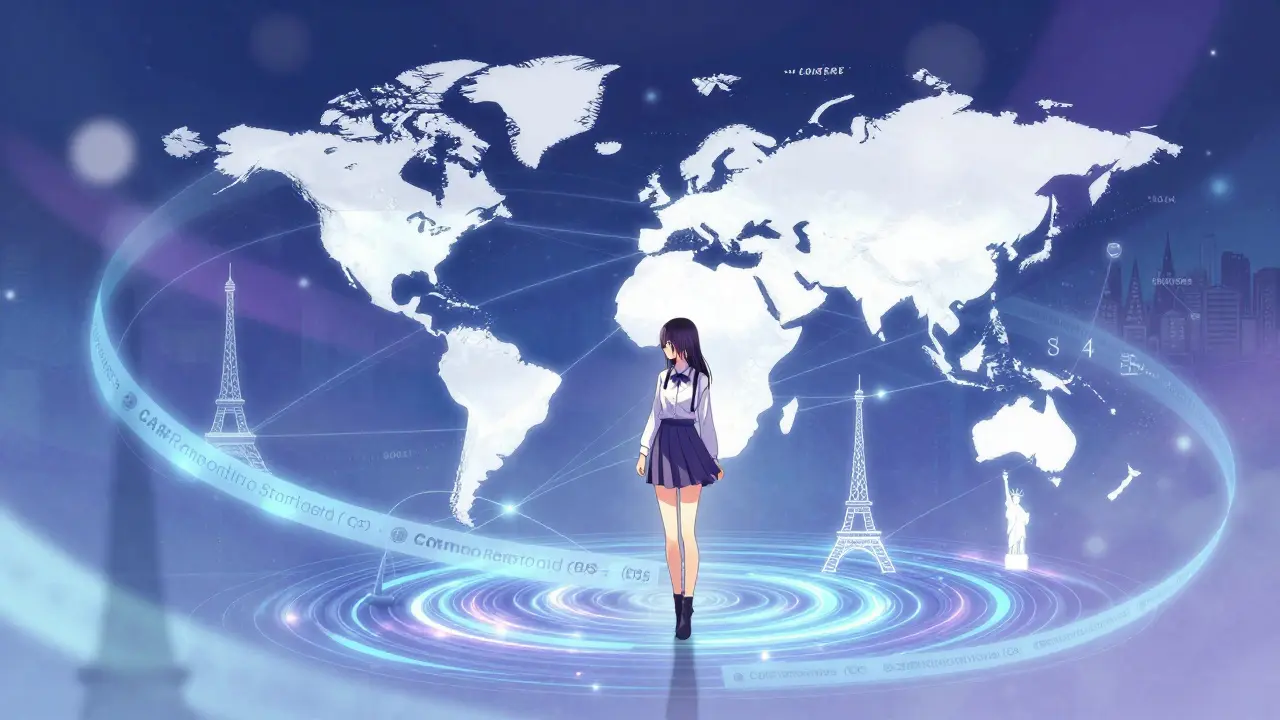 Anime girl surrounded by global data streams representing CRS framework