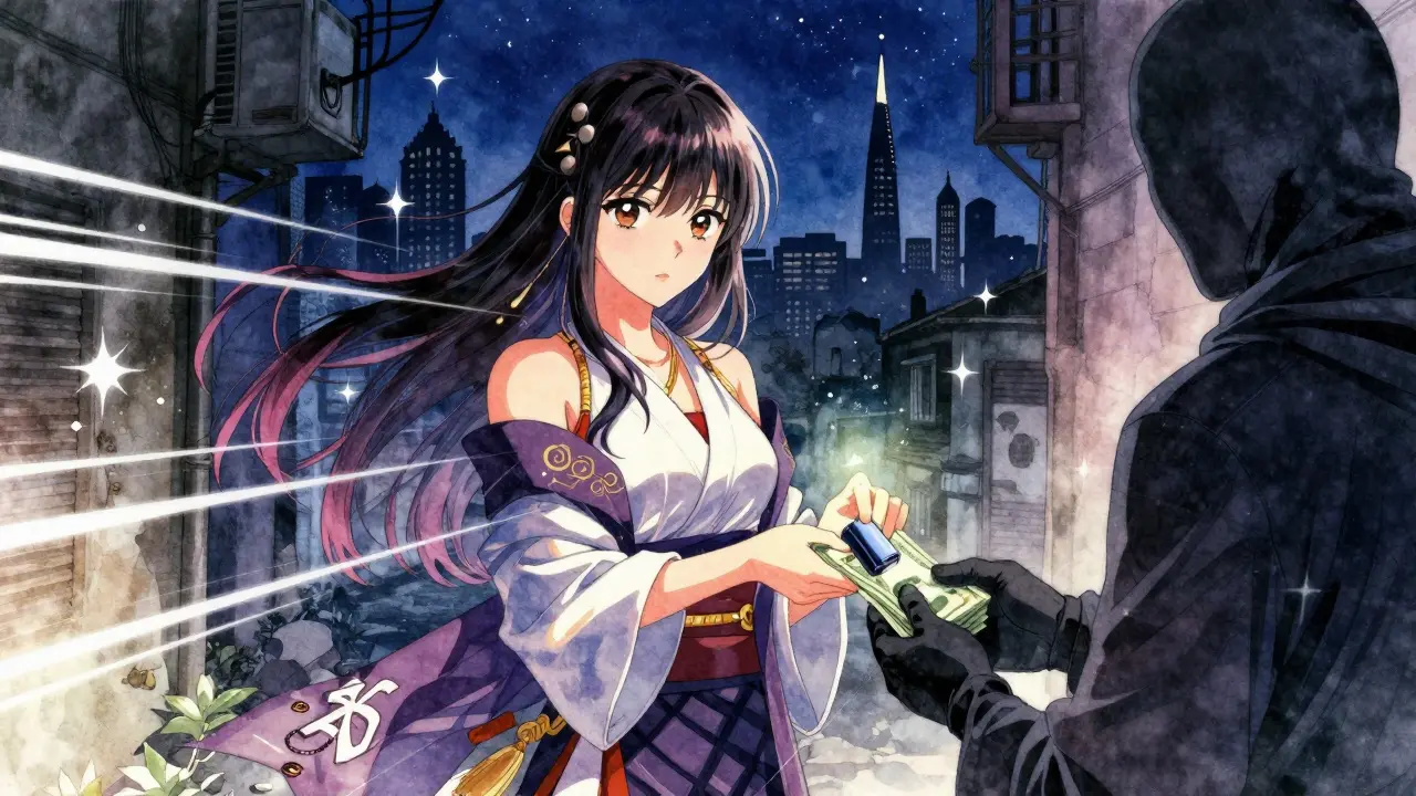 Anime girl trading crypto in secret alley at night