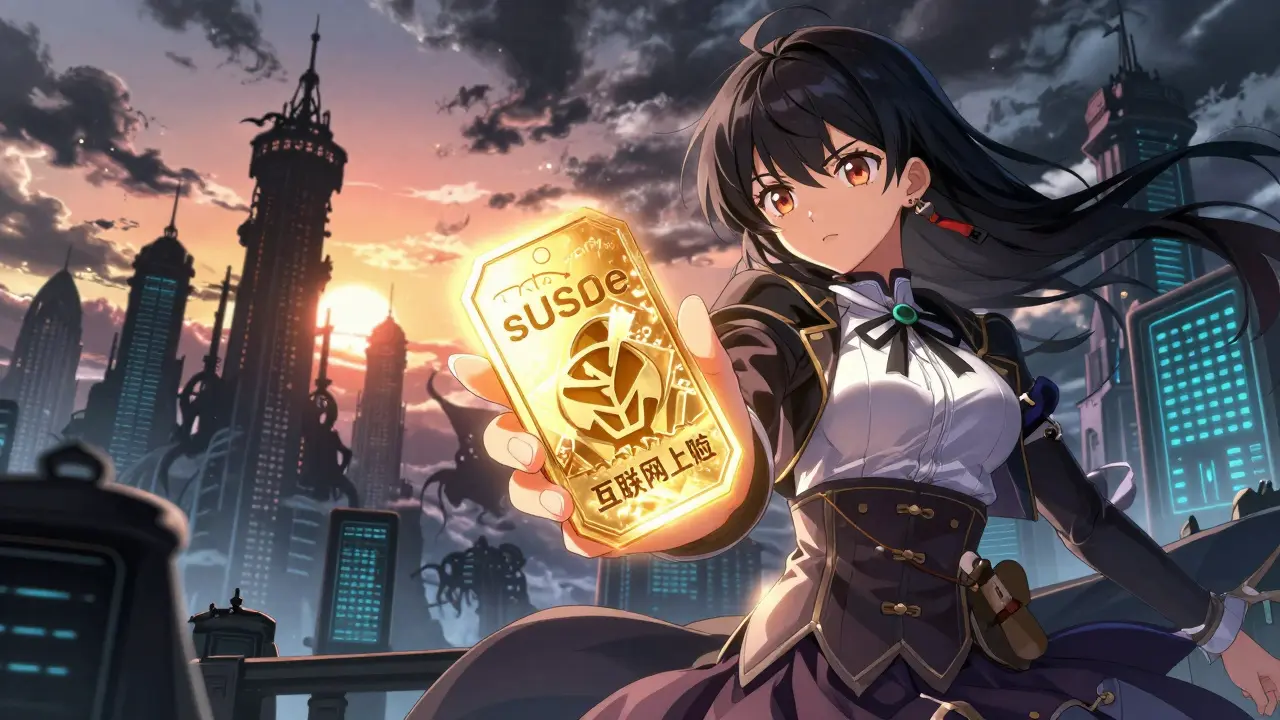 Anime heroine holding growing sUSDe token, with ominous exchange towers looming in the background.