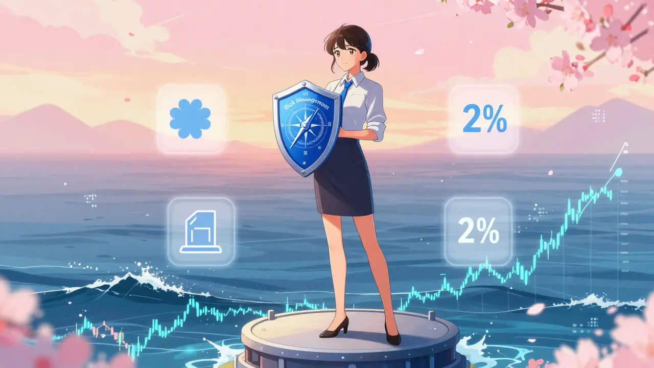 Anime woman holding a risk management shield over calm crypto markets.
