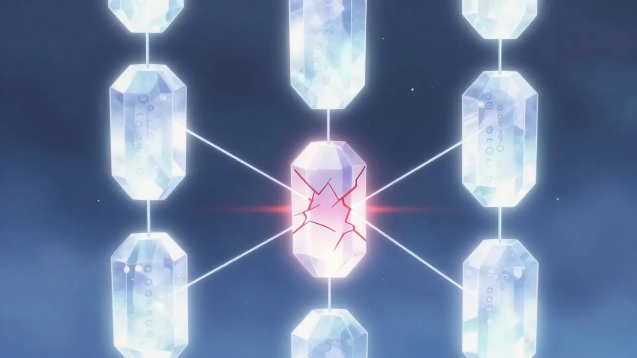 Chain of glowing crystal blocks connected by light threads in anime style.