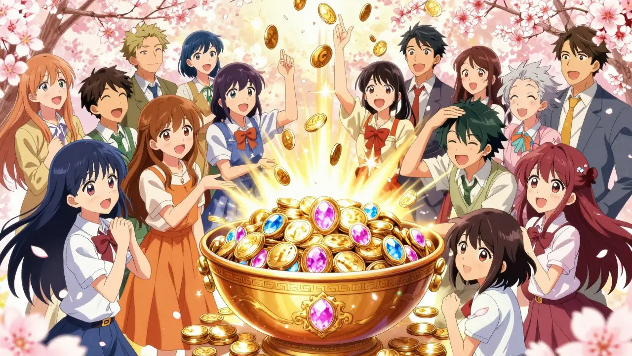 Cheerful anime crowd sharing tokens from a glowing bowl in a celebration.