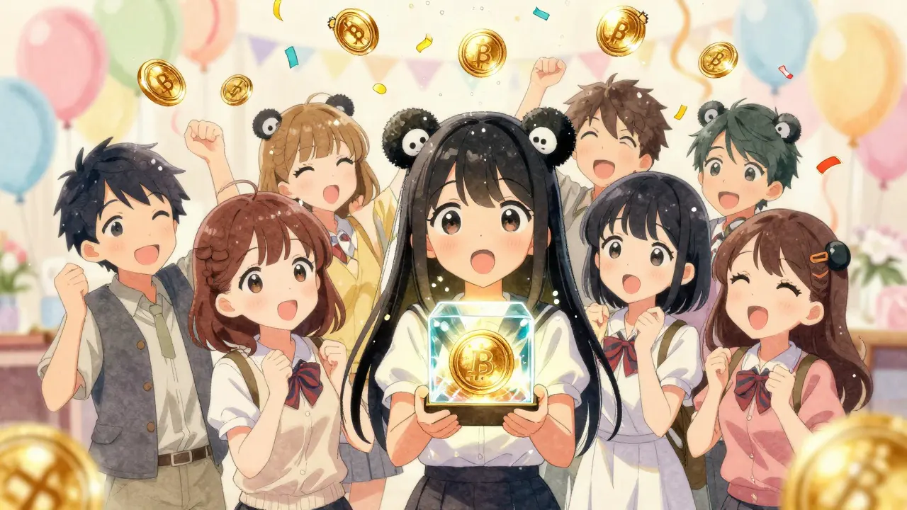 Cute anime characters celebrating crypto rewards