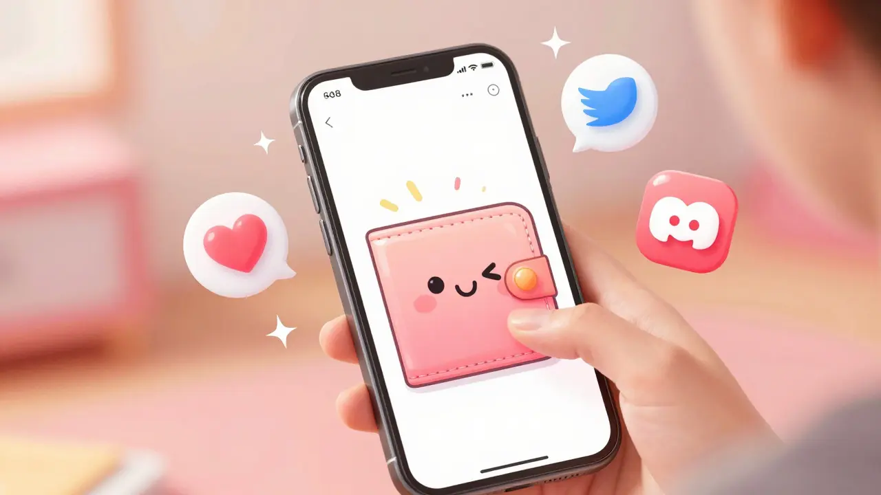 Cute anime phone interface with floating task icons and sparkles