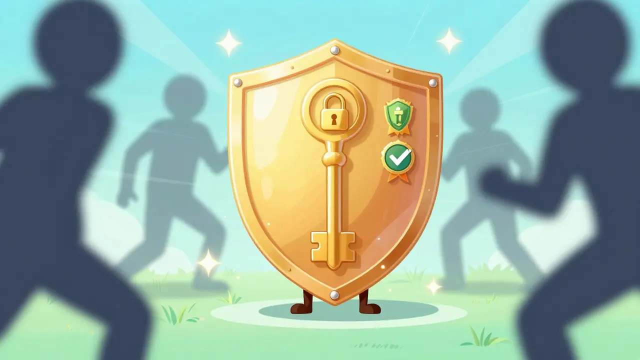 Cute key character protected by golden security shield
