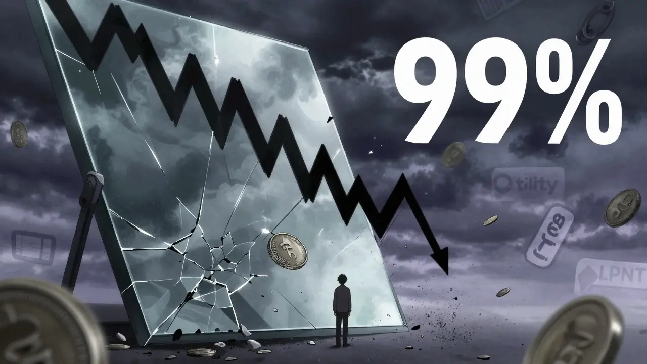 Dramatic manga scene of a crumbling coin and plunging price chart in cold tones.