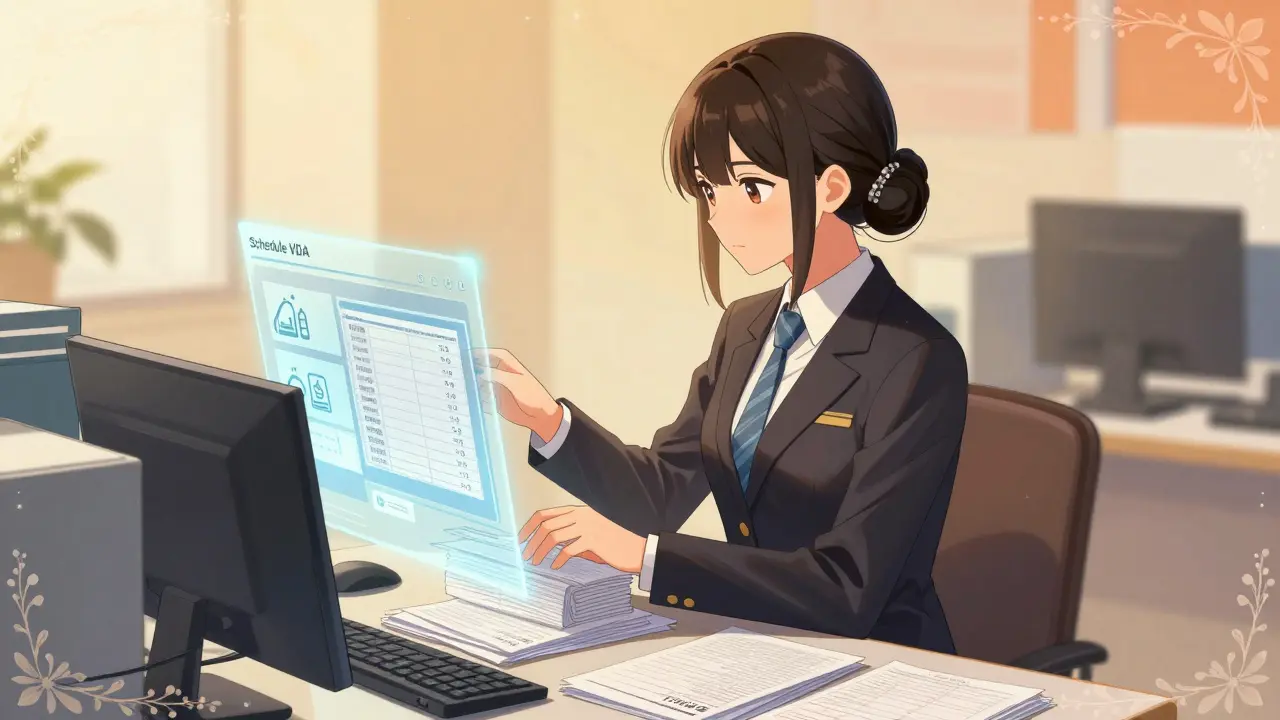 Elegant anime woman organizing digital tax files in a calm, lit room