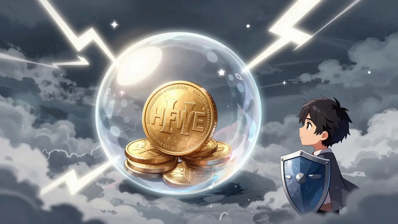 Fragile bubble with coin amidst storm clouds in shoujo style