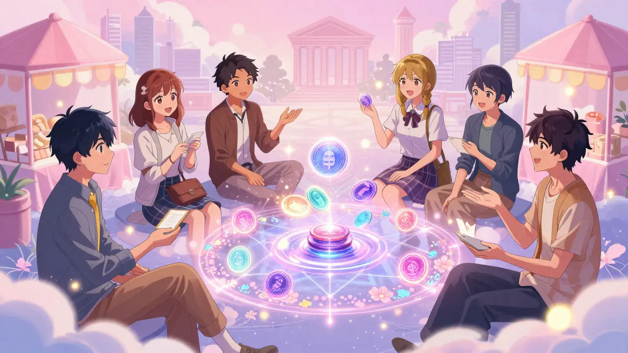 Friends exchanging glowing stablecoins in a whimsical global marketplace