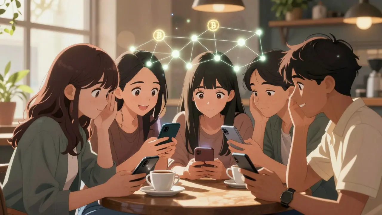 Friends trading crypto secretly in a sunny cafe