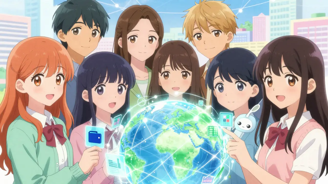 Global anime investors connected by digital threads in a bright setting