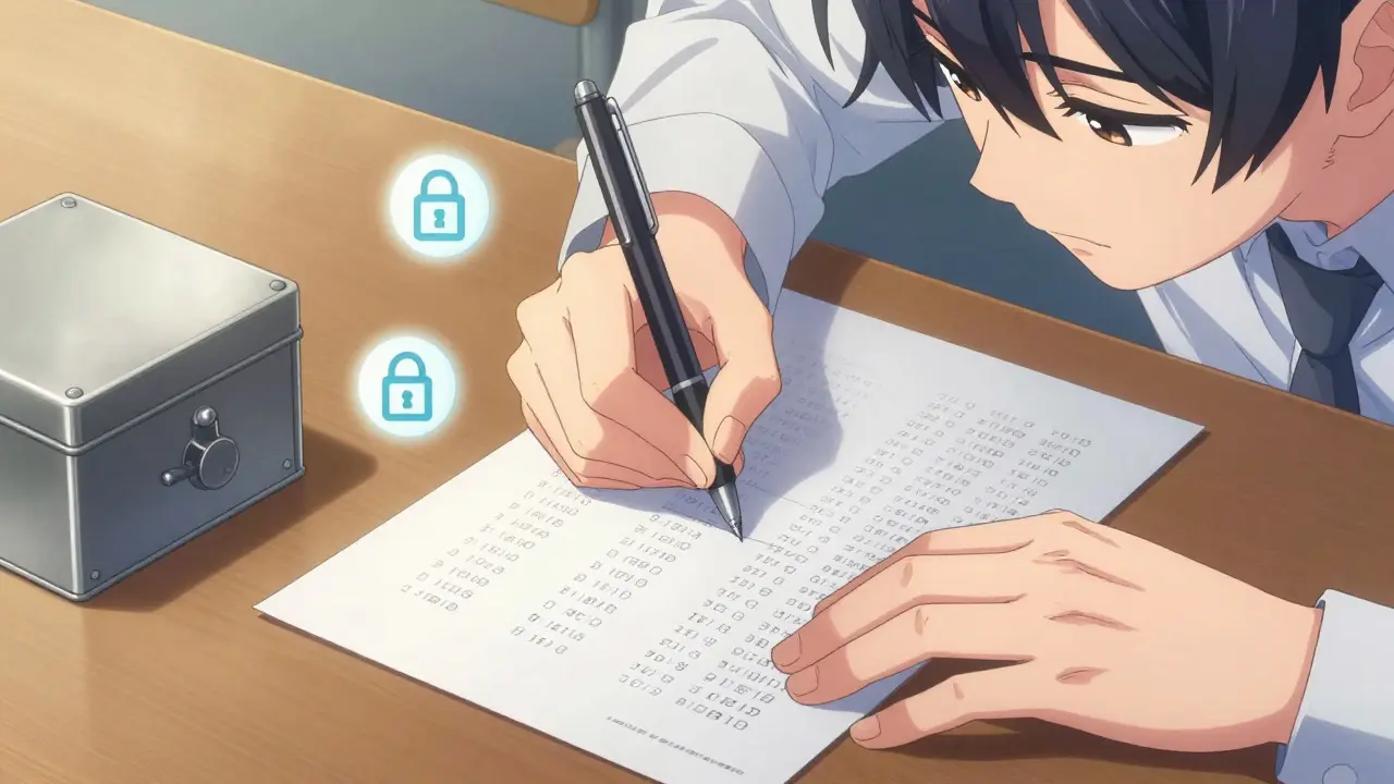 Hands writing recovery codes on paper for safekeeping