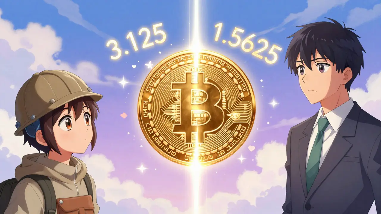 Manga art of a golden Bitcoin coin splitting in half with characters watching emotionally.