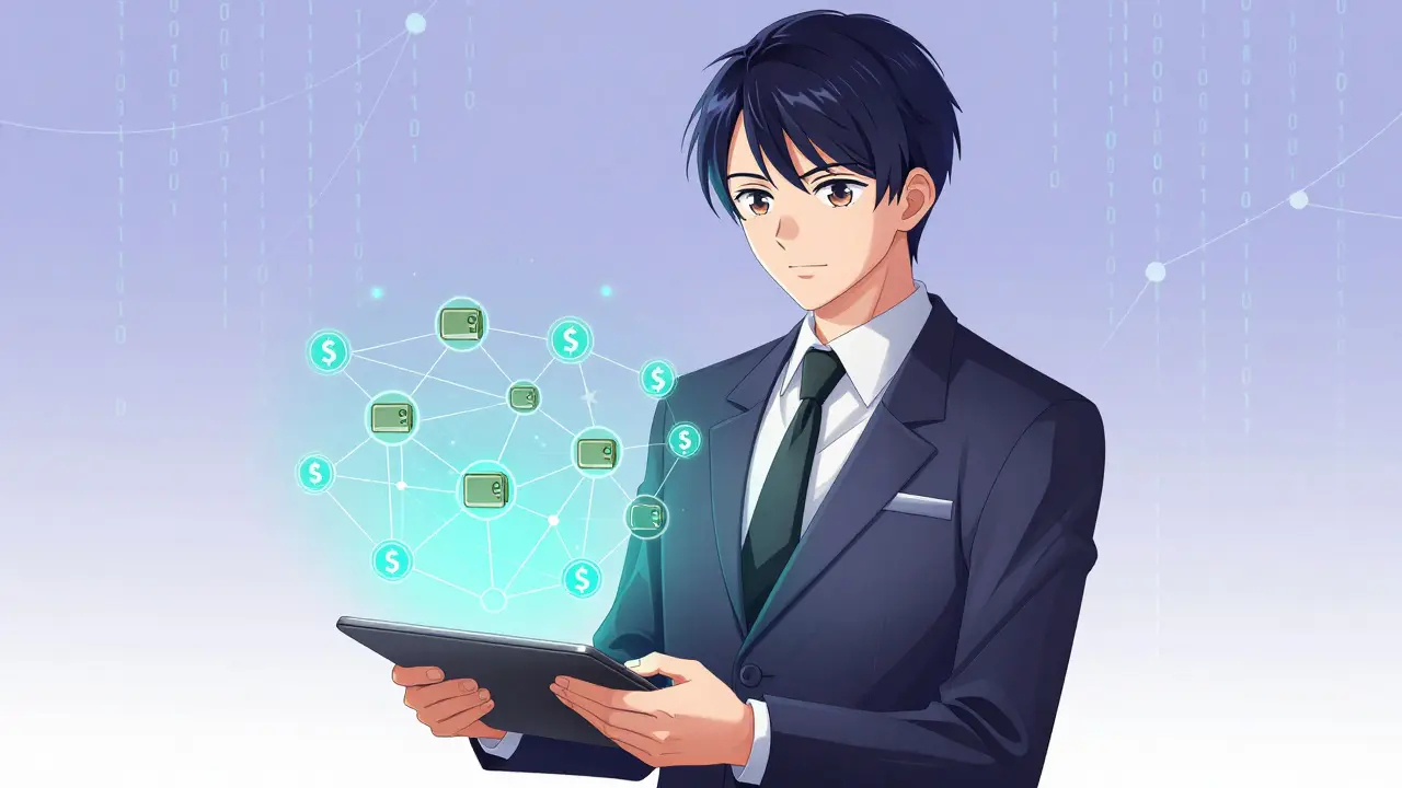 Manga auditor connecting wallet nodes on a digital network map