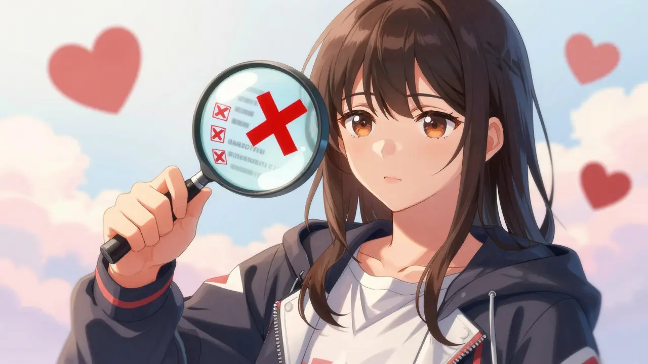 Manga character checking a safety list with red warning signs visible
