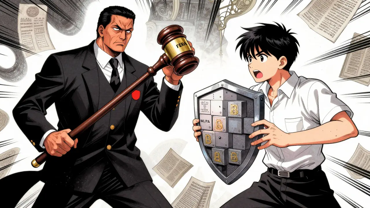 Manga character defending against bank regulations
