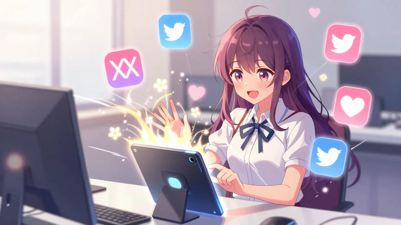 Manga character engaging with social media magic