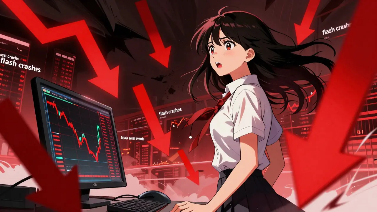 Manga character panicking as red arrows fall during a crypto market crash.