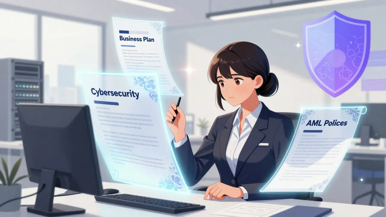 Manga character reviewing digital compliance documents
