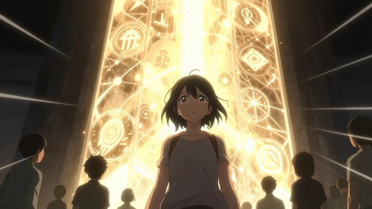 Manga heroine looking at a golden portal of crypto rewards