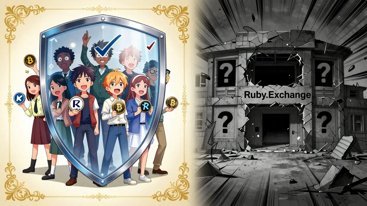 Manga illustration contrasting safe exchanges with a crumbling scam platform