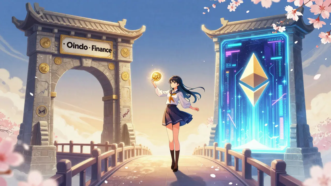 Manga style bridge connecting traditional finance and blockchain technology