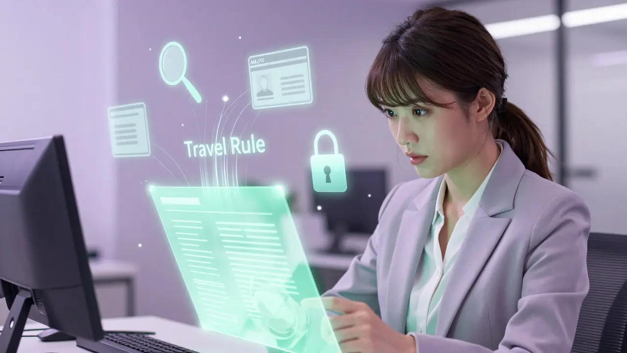 Manga woman reviewing KYC documents with floating security icons