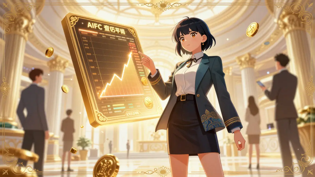 Manga woman selling crypto assets at a grand financial exchange platform