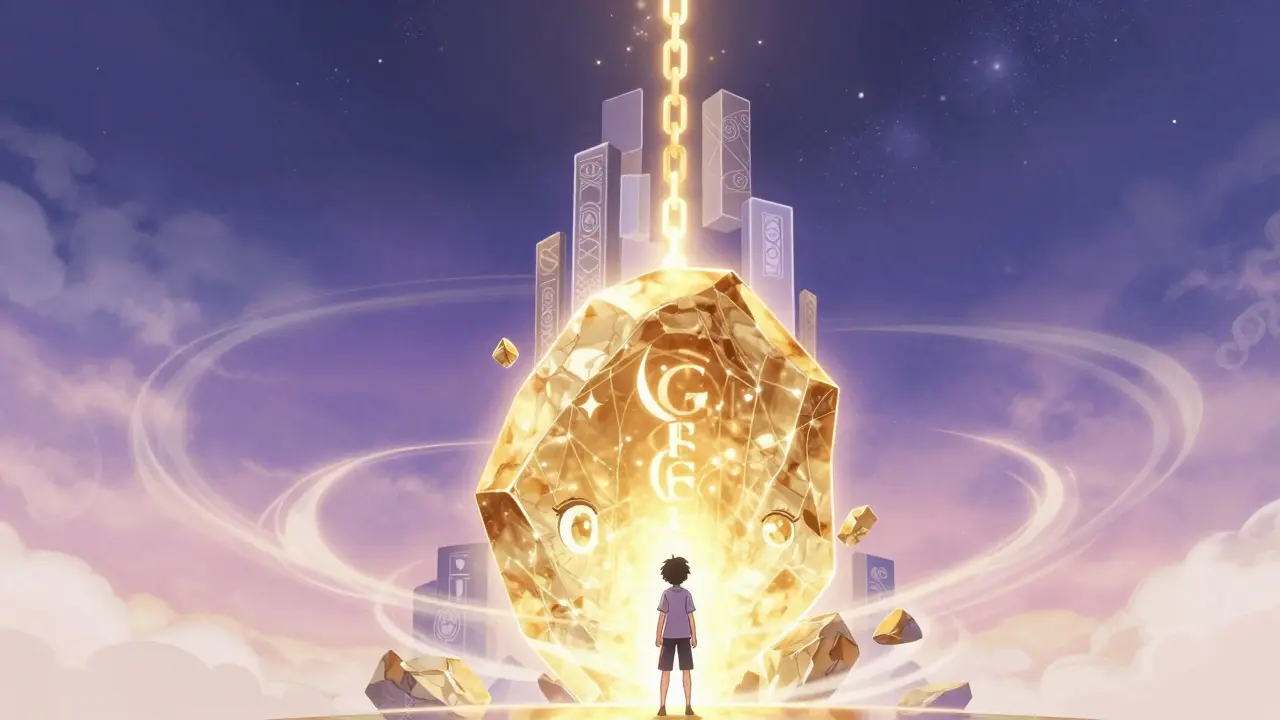 Mystical Genesis stone at the base of a tower of light in shoujo manga art.
